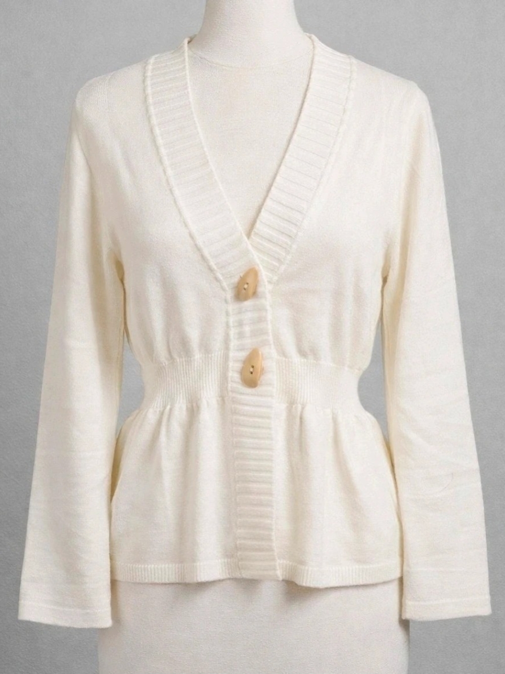 Women's Cream V-Neck Buttoned Peplum Cardigan